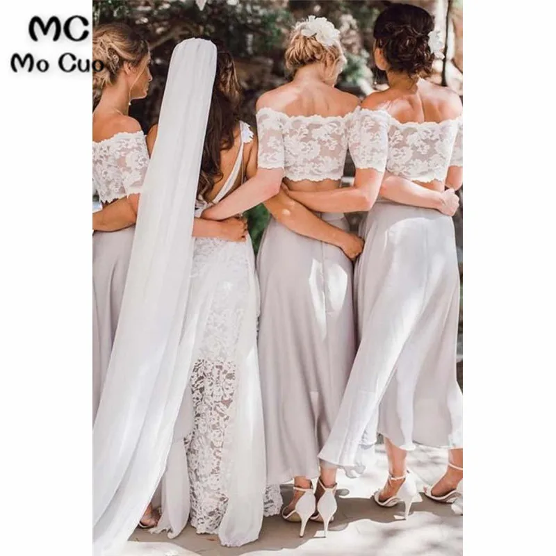 Новое платье подружки невесты длинное кружевное с открытыми плечами свадебное платье для гостей из двух частей платье шифоновое платье для подружки невесты