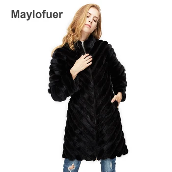 

NEW natural mink fur coat women fur Oblique fringe real mink fur overcoat long coat for winter detachable sleeves