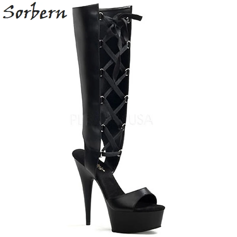 Sorbern 6 Inch Open Lace Front Knee High Women Boots Spike High Heels 15Cm Summer Shoes Open Heel Gothic Boots Women Plus Size Sorbern 6 Inch Open Lace Front Knee High Women Boots Spike High Heels 15Cm Summer Shoes Open Heel Gothic Boots Women Plus Size