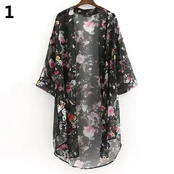 Женская Мода Цветочный Узор Половина рукава шифон кимоно кардиган тонкое пальто