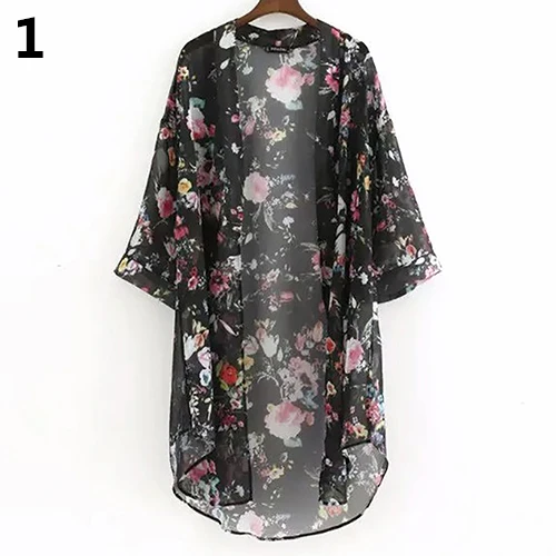 Women's Fashion Floral Pattern Half Sleeve Chiffon Kimono ...