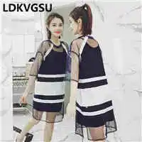 2018-New-Women-Dress-Black-White-Stripes-Round-Neck-Dresses-Casual-Loose-Net-Yarn-2Piece-Sets.jpg_640x640