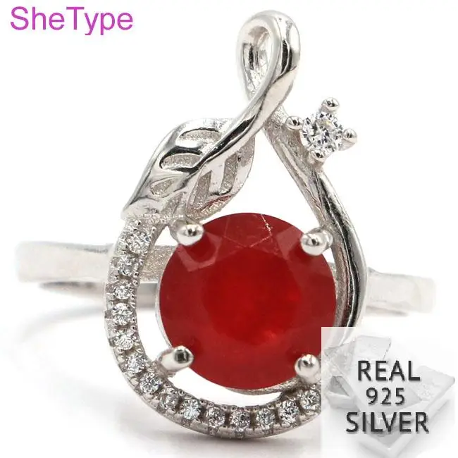 

US 7# 3.6g Real 925 Solid Sterling Silver Leaf Real Red Ruby White CZ Gift For Girls Rings 20x12mm