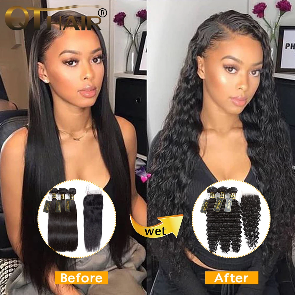 

QT Hair Wet And Wavy Bundles With Closure Deep Wave Bundles With Closure Brazilian Human Hair Weave 3 Bundles With Closure