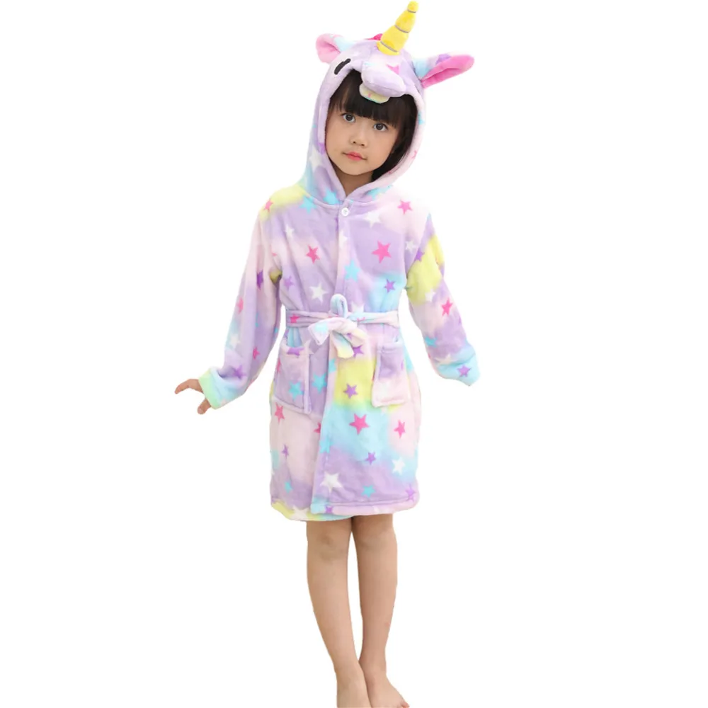 Для девочек с единорогом с капюшоном флис; детский банный халат; с плюшевой подкладкой; фланелевый Халат пижамы; одежда для сна;
