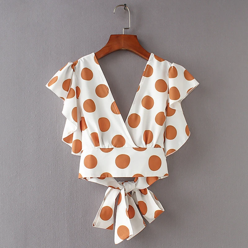 

Sexy V Neck Backless Blouse Shirt Chic Polka Dot Ruffle Women Blouse Lace Up Wrap Top Summer Vintage Ladies Shirts And Tops