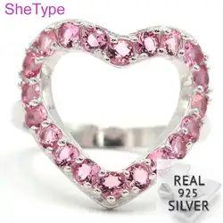 SheType элегантный 3,43 г в форме сердца розовый турмалин подарок для сестры Реальные серебро 925 пробы кольца 20x18 мм