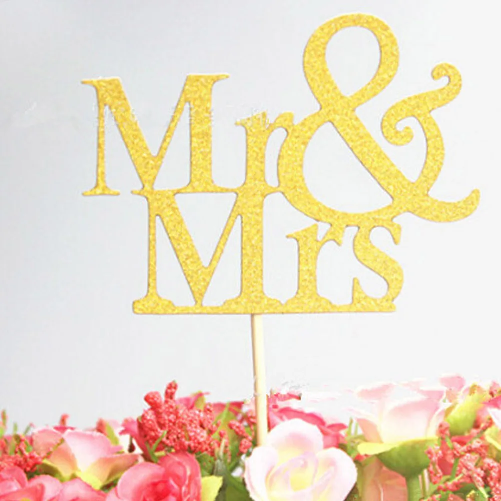 Mr Mrs свадебный торт Топпер парпер романтическая невеста жених торт аксессуары для Свадебные сувениры - Цвет: Золотой