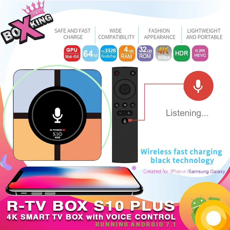 

R-TV BOX S10 Plus 4GB 32GB Voice Remote Control Quad-Core Android 7.1 QI Wireless Fast charge WIFI 4K USB 3.0 smart tv box (p10)