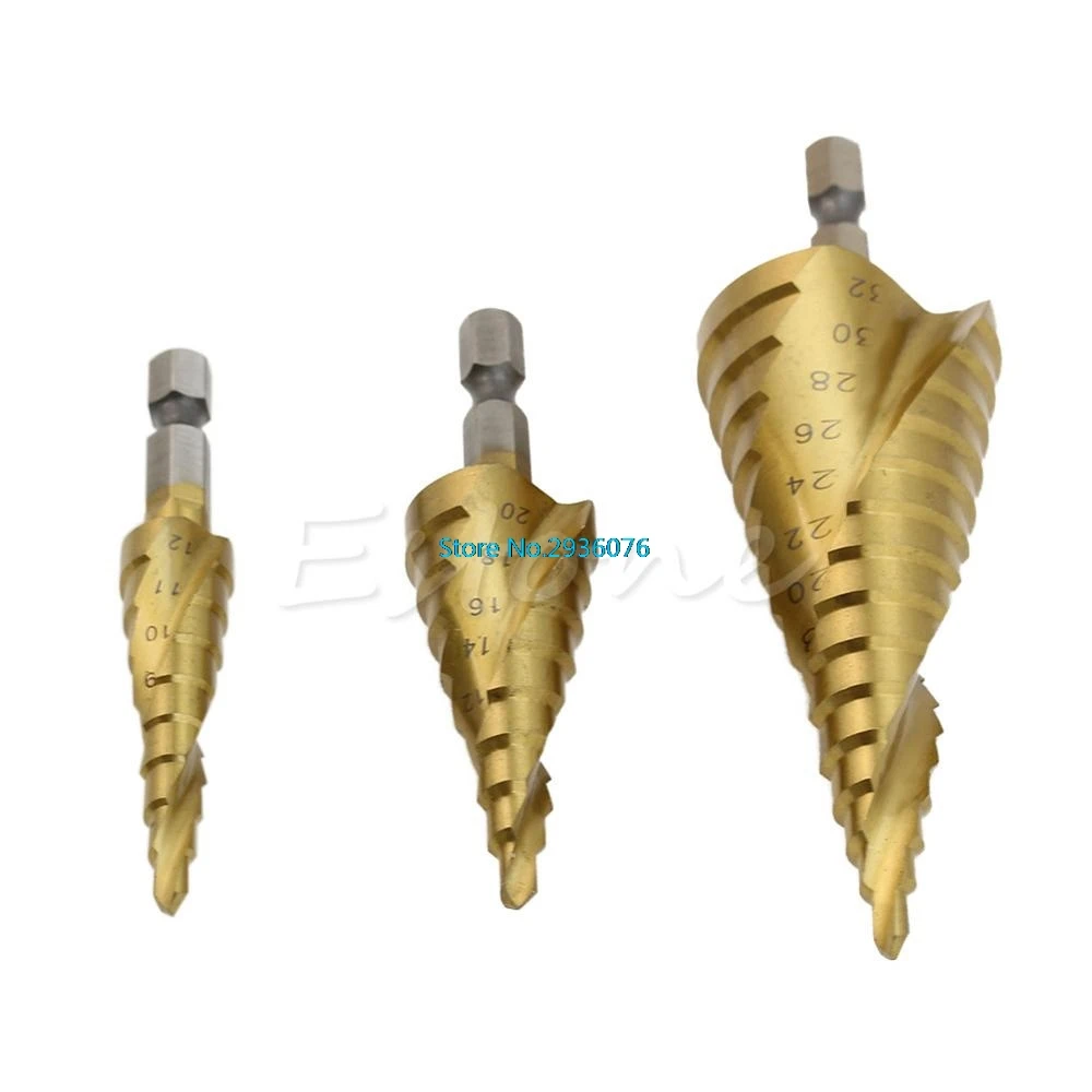 

OOTDTY 3Pcs/lot HSS Spiral Grooved Step Cone Drills Bit 4mm - 12mm/20mm/32mm Hole Cut