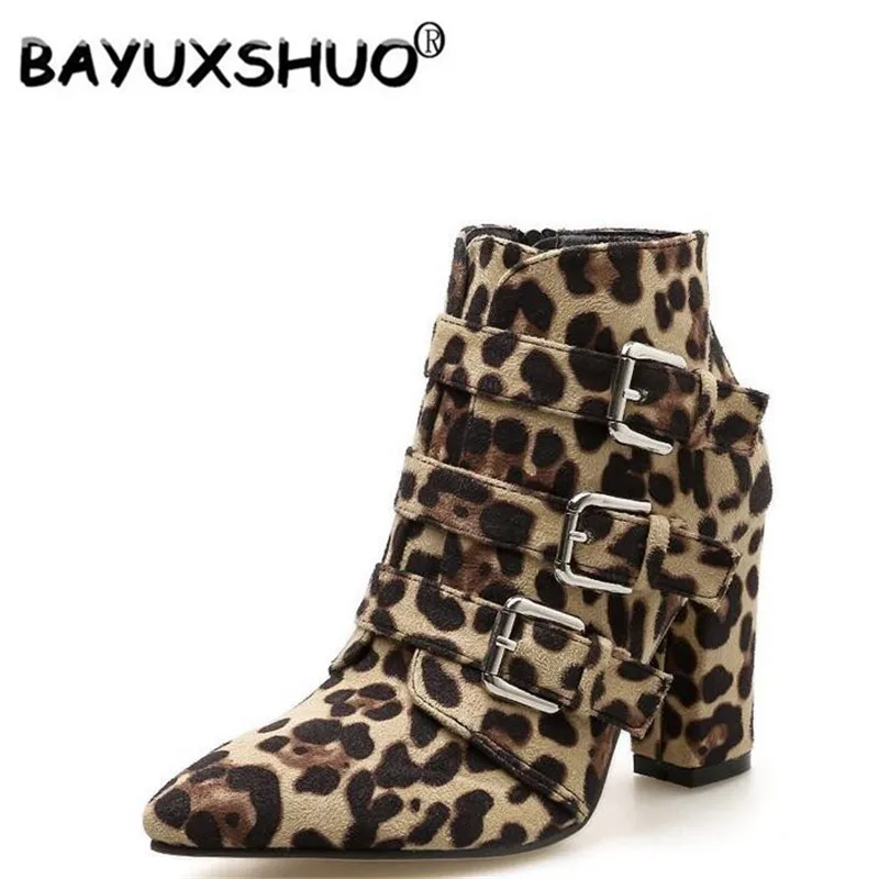 

BAYUXSHUO Brand Design Women Ankle Boots Leopard /Snake Square Heel Booties Fashion Pointed Toe Ladies Sexy Zipper Shoes Woman