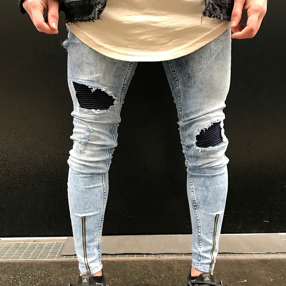 Мужская Мода рваные обтягивающие джинсы Изношенные Slim Fit джинсовые штаны
