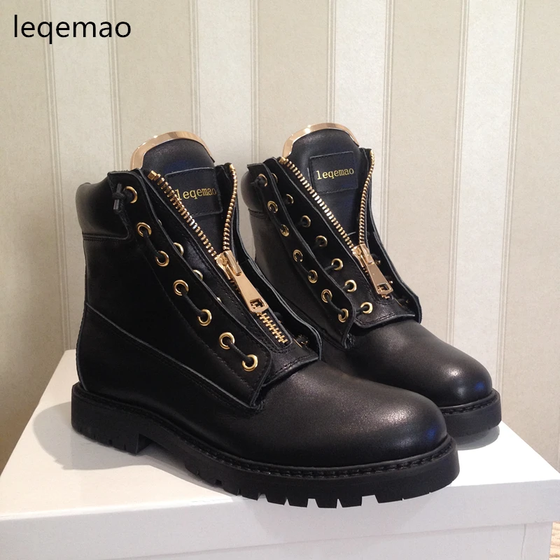 Fashion Cool Women Metal Zipper Ankle Boots High-top Full Grain Cow Genuine Leather Round Toe Rubber Flat Motorcycle Shoes