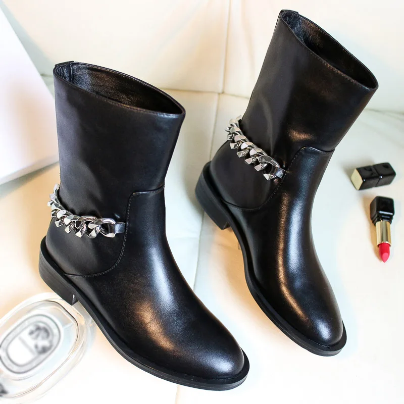 D'hiver Noir Designer En Chaîne Plat Bottes Cuir Chaussures Véritable Long Black Short Moto Cheville Retour black Court Argent Talon Carré Femmes cA608AwqF