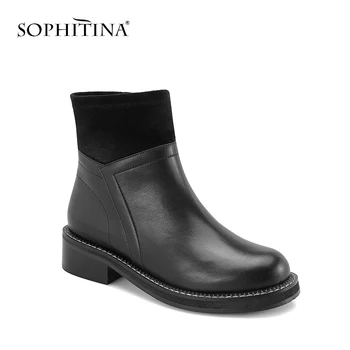 

SOPHITINA Autumn Lady Ankle Boots Fashion Genuine Leather Shoes Retro Round Toe Square Heel Zipper Warm Short Plush Boots M4