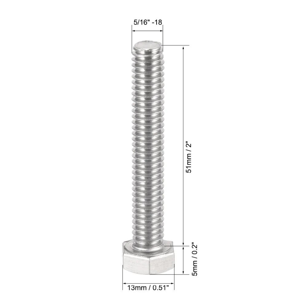 

UXCELL 10Pcs 5/16-18x2" 304 Stainless Steel Hex Head Screw Bolts Fastener Hardware Bolt Ship Assembly Machinery Industry