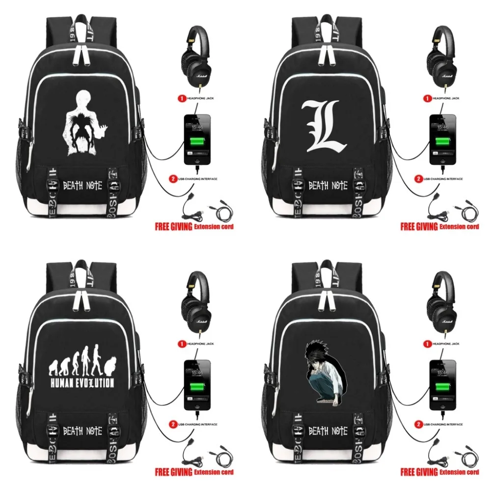 

anime Death Note L Backpack USB Charge Headphone Jack Laptop Bags Teens School book bag Multifunction Travel Bags 13 style