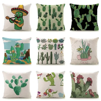 

18" Green Cactus Mediterranean Decorative Cotton Linen Cushion Cover for Sofa Car Decoration ART drawing throw pillows 45x45cm