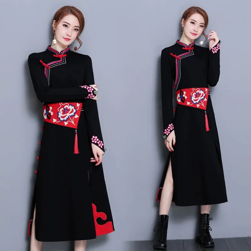 Spring Autumn Cotton and Linen Embroidery Dress Chinese Style Long Sleeve Mandarin Collar vintage Vesdios | Женская одежда