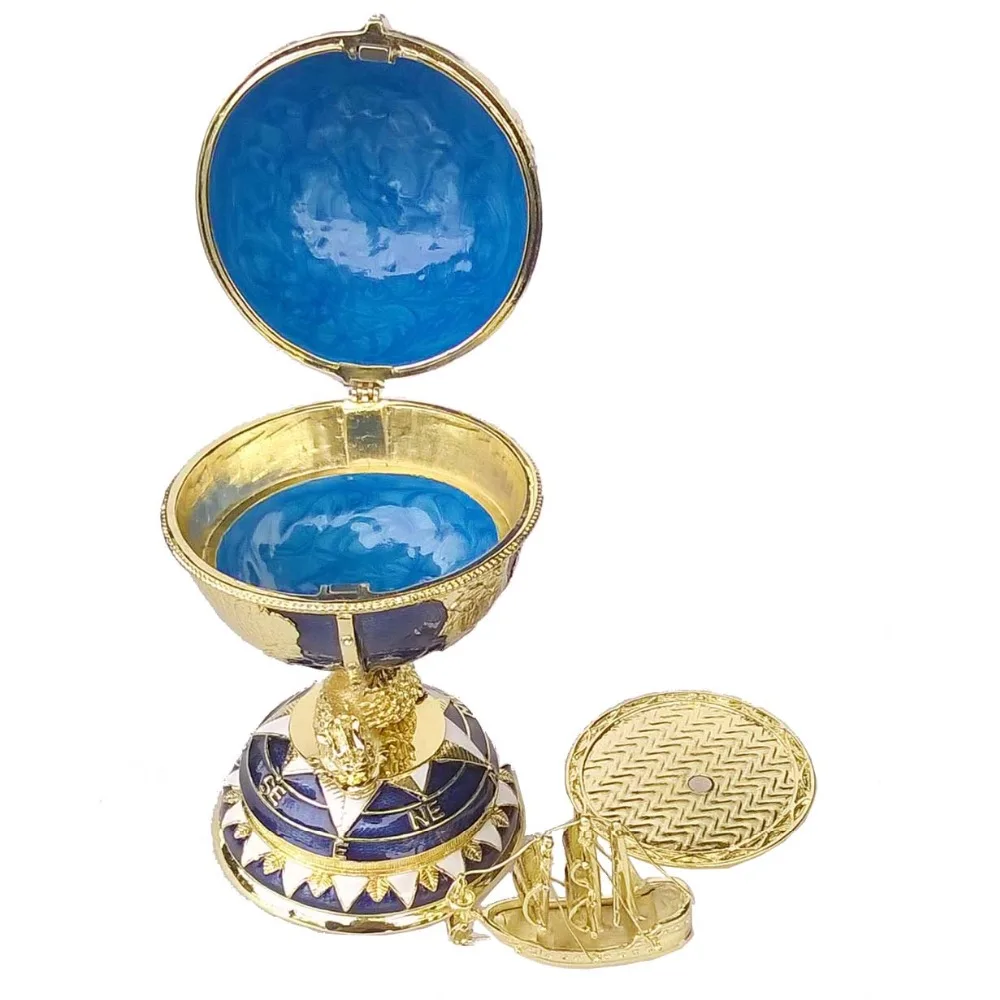 Globe Inspired Egg Trinket Box, Russian Craft Metal Jewelry Container Ring Holder Bejeweled Birthday Gifts, Collectibles
