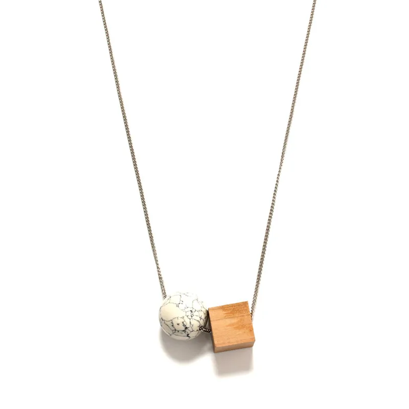 Necklace geometry round white square wood combination pendant long necklace