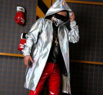 

Cool Laser Long Sleeve Hooded Cape Windbreaker Men Cloak DJ MC DS Costume GOGO Stage Wear Motorcycle Jacket 5XL!