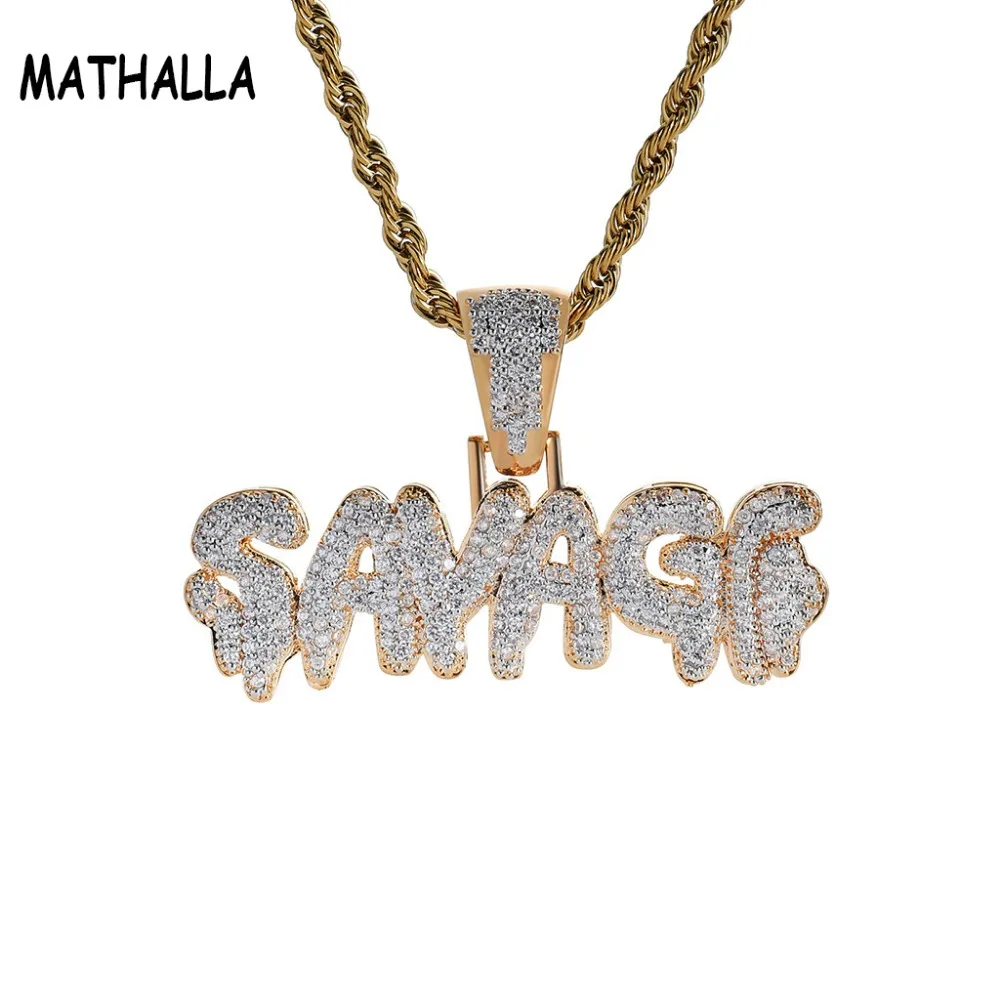 

Hip Hop Necklace Gold Color Iced Out Micro Paved Cubic Zirconia SAVAGE Pendant Necklace Charm For Men and Women