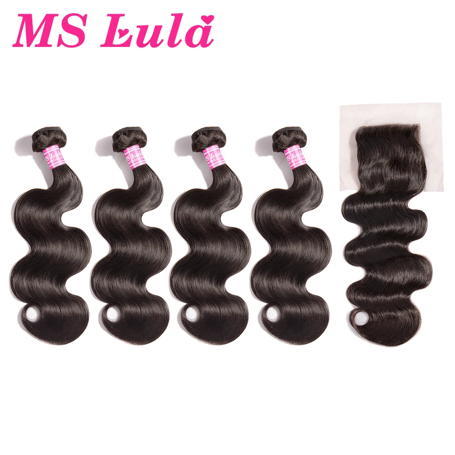 

Ms Lula Hair 4 Bundles Malaysian Body Wave With 1 Piece 4x4 Free Part Lace Closure 100% Human Hair Bundles With Closure Remy