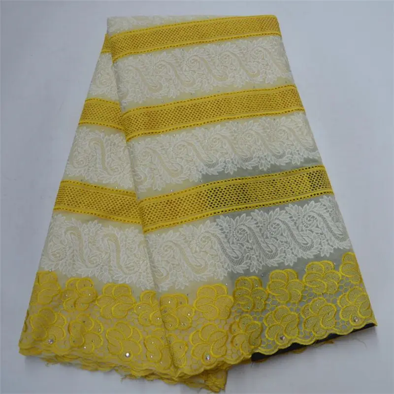 

Yellow Beige Embroidered Voile Lace Cotton Material With Stones Swiss Voile Lace Fabric For Party Dress High Quality 30