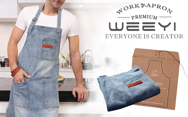 WEEYI Washable Shop Denim Apron with 3 Pockets Unisex Fits Small to XXL Vintage  Blue Homewear Workwear 34x27 Inches  (6)