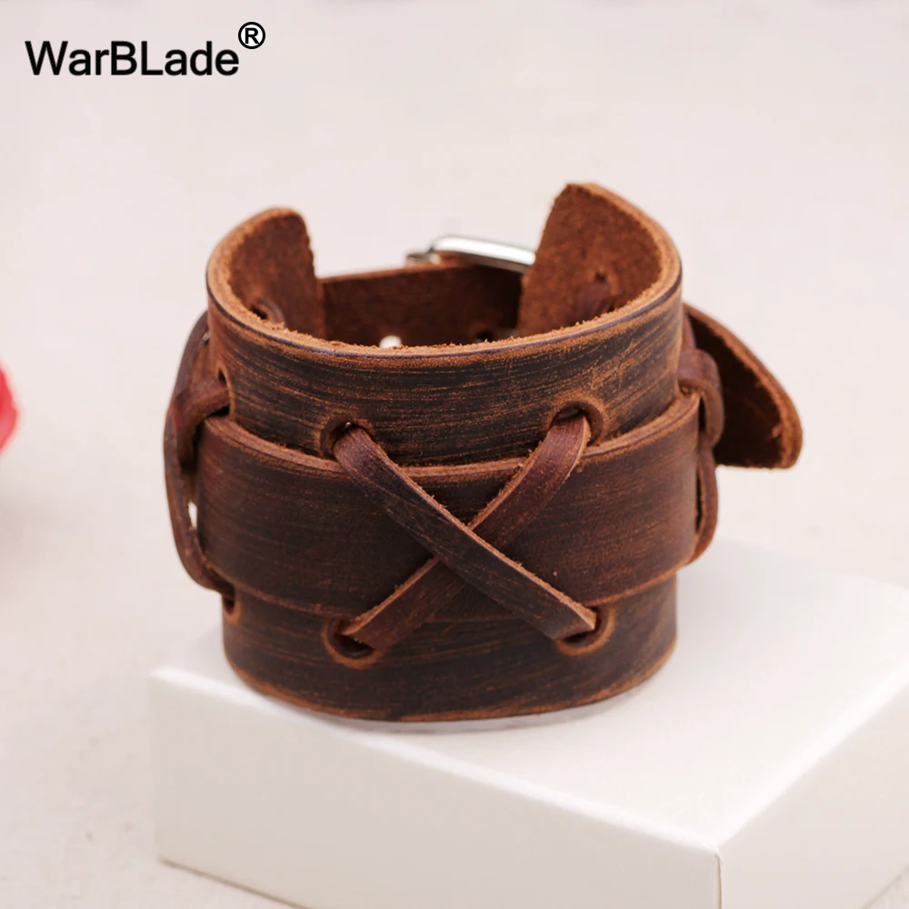 WarBLade 2018 New Fashion Black Brown Genuine Leather Wide Bracelet Bangles Cuff Wristband Rock Punk Women Men Bracelets