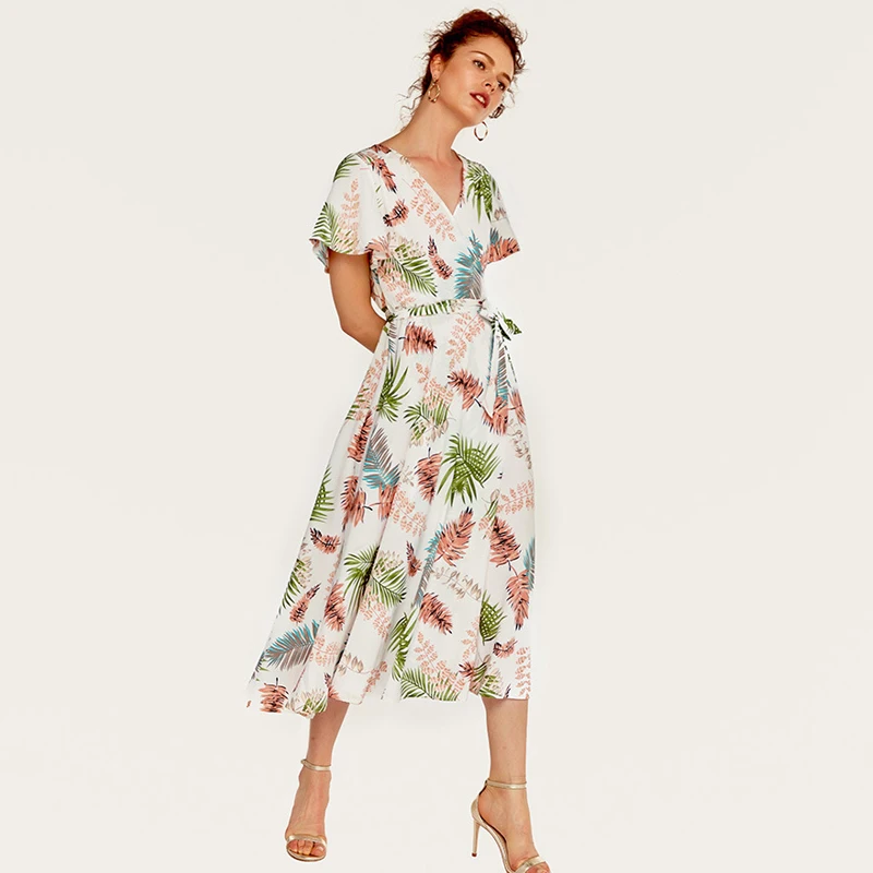

Summer V Neck Short Sleeve Cross Wrap Casual Dress Tropical Leaves Printed A line Waistline Flowy Party Maxi Dresses Belted