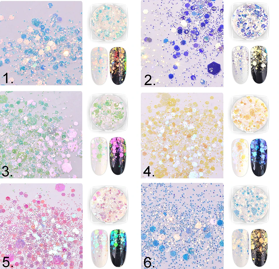 

6boxes/set Laser Mixed Nail Glitter Powder Sequins 0.2--1mm Mixed Powder Nail Flakes 3d DIY Charm Dust For Nail Art Decorations