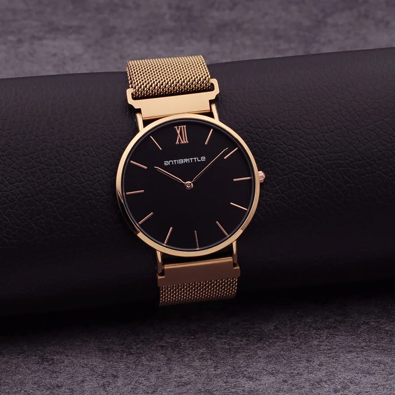 

Japan Quartz Luxury Black Dial Watch Women Rose Gold Roman Mesh Ultra Thin Stainless Steel Magnet Band Waterproof Antibrittle