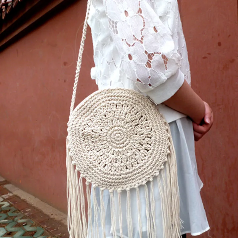 Women Circle Straw Bags Summer Beach Tassel Female INS Popular Shoulder Bag Lady Casual Handmade Weave Round Crossbody SS3108 (3)