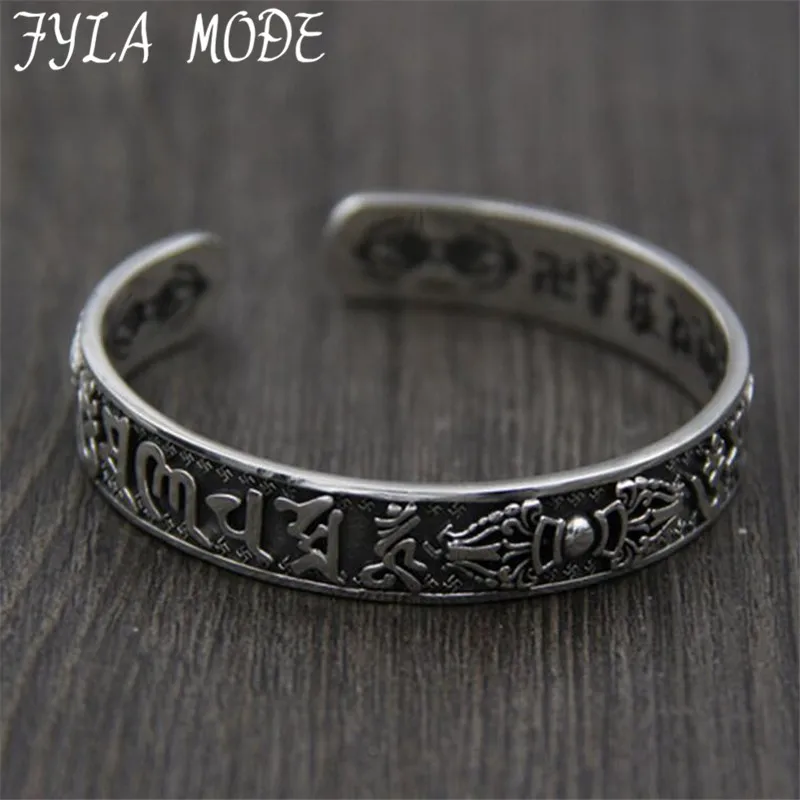 

S925 Sterling Silver 6 Words mantran Om Mani Padme Hum Bangle Thai Silver Handmade Open Back Adjustable Bracelet Cuff Bangle