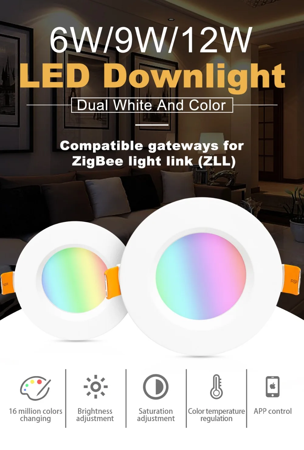 Светодиодная RGB Лампочка zll с регулируемой яркостью ZIGBEE ZLL smart 6 Вт/9 Вт/12 Вт светодиодный RGB + CCT вниз свет с Amazon plus AC100-240V двойной белый