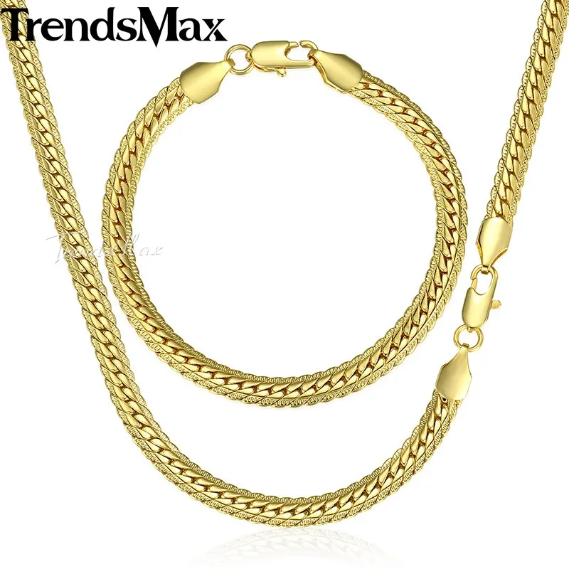Trendsmax Jewelry Set Cuban Chain Women's Necklace Bracelet White Rose Yellow Gold Filled Chain 6mm KGS271A