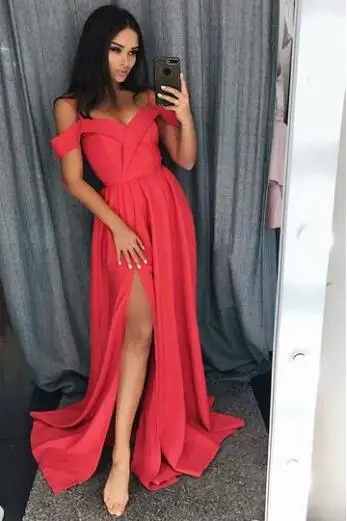 Вечерние платья с открытыми плечами, с разрезом, сексуальное торжественное платье для выпускного вечера, вечерние платья, платья для выпускного вечера, Robe De Soiree - Цвет: Красный
