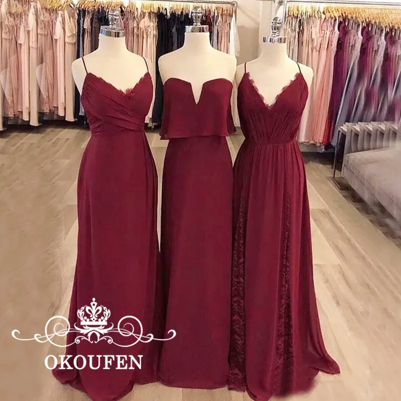 Богемное темно-красное шифоновое длинное платье подружки невесты для женщин, 3 вида стилей трапециевидной формы, вечерние платья подружки невесты
