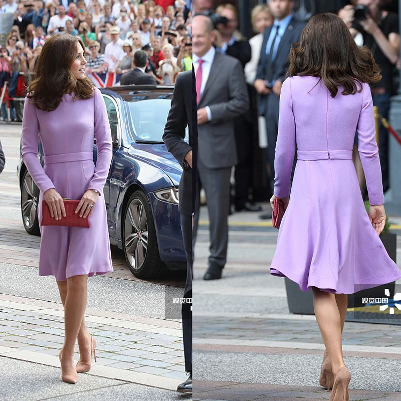 Lana Larga Princesa Púrpura Manga Plisado Middle Nuevo Kate Mujeres Otoño Vestido 2018 qza01x