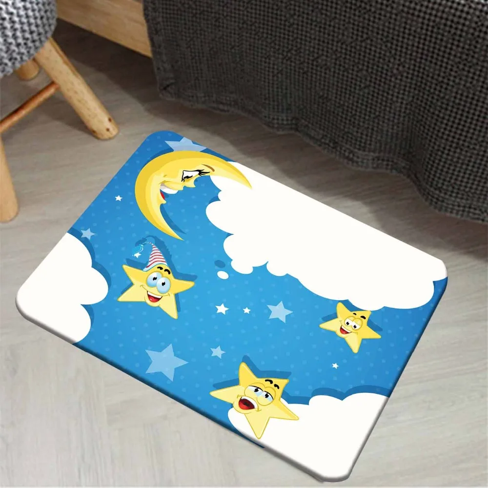 

Else Blue Sky White Clouds Yellow Cute Stars Moon 3d Pattern Print Anti Slip Doormat Home Decor Entryway Kids Children Room Mat
