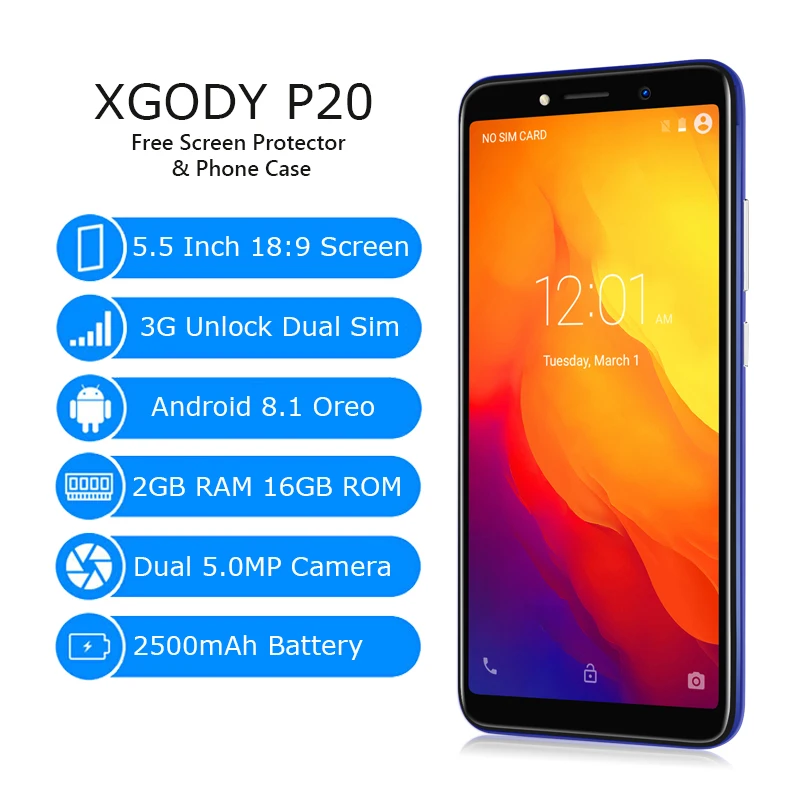 XGODY P20 3G 5.5 Inch Smartphone Android 8.1 18:9 Full Screen Mobile Phone 2GB RAM 16GB ROM MTK6580 Quad Core 5MP Camera Celular