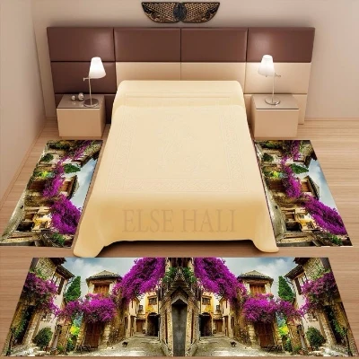 Else 3 шт. аутентичный город фиолетовые деревья пейзаж 3d печать Нескользящая микрофибра моющийся Декор Спальня Площадь Ковер Набор ковриков