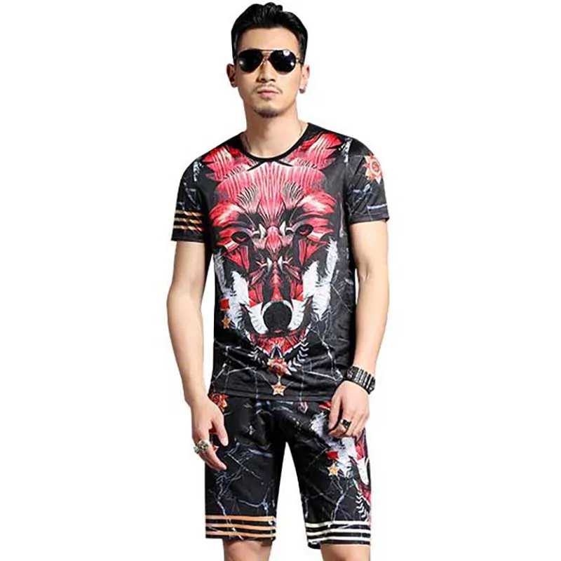 

Summer 2 PCS Set Short Tshirt Set Mens Short Sets Tracksuit High Quality Wolf Printed Men's Clothing Set Sweatsuits