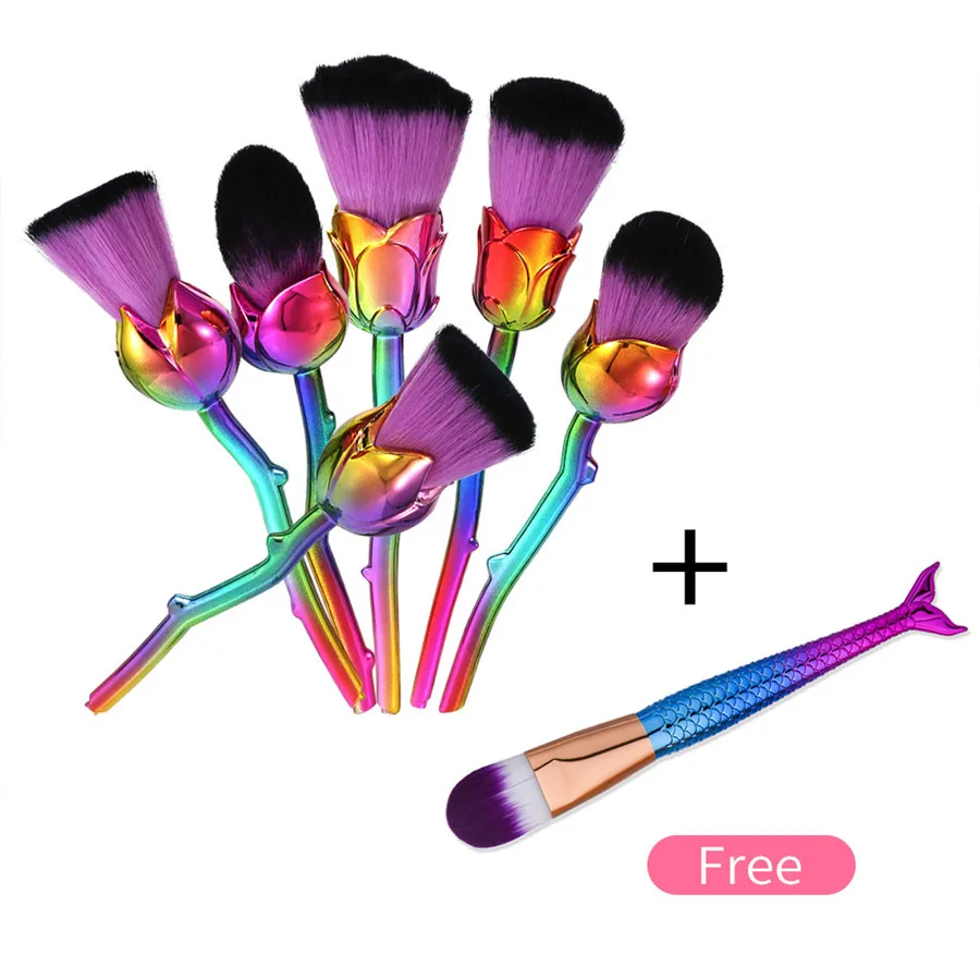 GUJHUI 6 шт. Металлические кисти для макияжа Набор роза цветок основа пудра Контур база макияж кисти с бесплатным жира рыбы кисти Косметика - Handle Color: Type 5