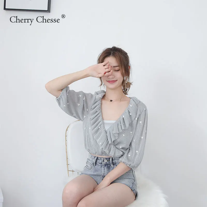 Cherry Chesse 2018 Embroidery Mesh Blouse Short Sleeve V Neck Women Crop Sheer Tops Female |
