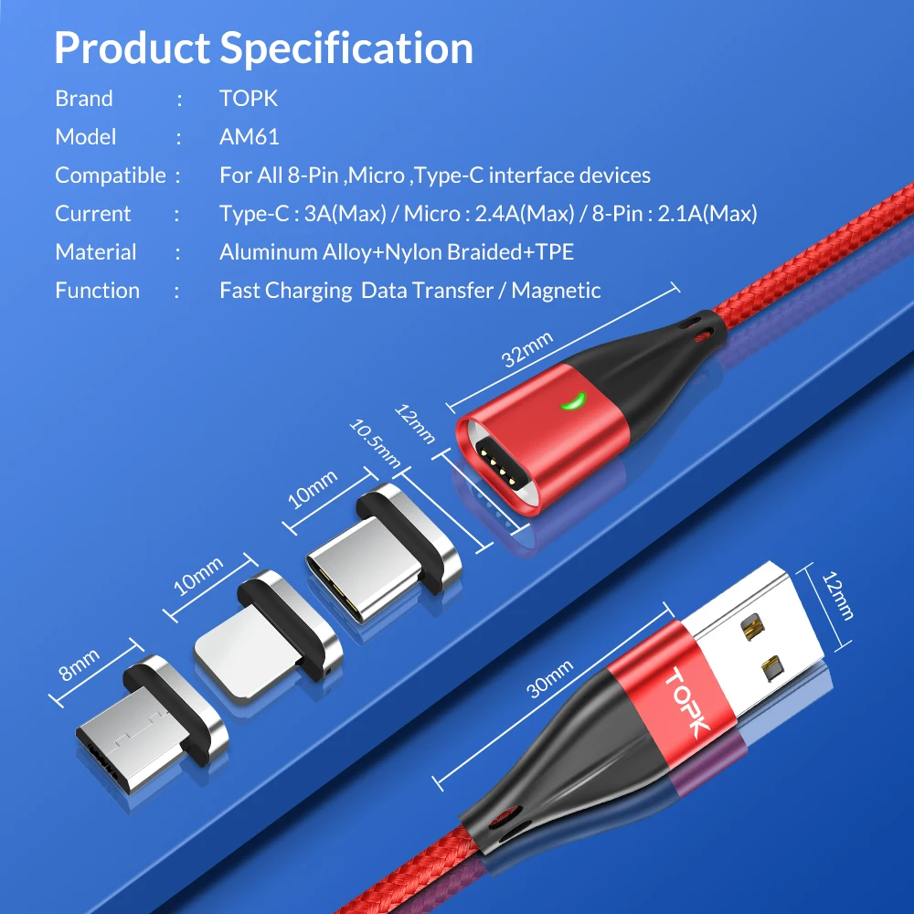 TOPK AM61 3AMagnetic usb кабель для зарядки нейлоновый Плетеный Micro USB кабель QC3.0 usb type-C кабель для iPhone samsung huawei Xiaomi