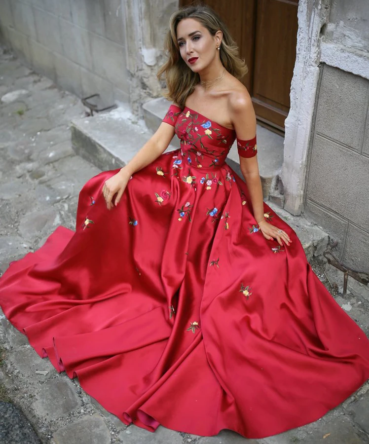 

A-line Long Prom Dress Burgundy Off-the-shoulder Satin Embroidery Chic Evening Dress Red Long Prom Gowns