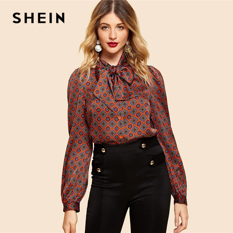 SHEIN Нарядная Блузка С Винтажным Принтом И Бантом, Офисная Блузка С Длинным Рукавом